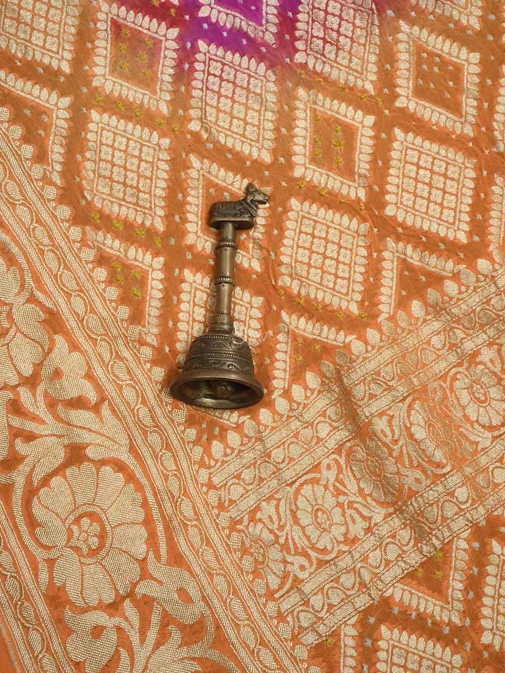Orange Pink Bandhani Khaddi Georgette Handloom Banarasi Saree - Sacred Weaves