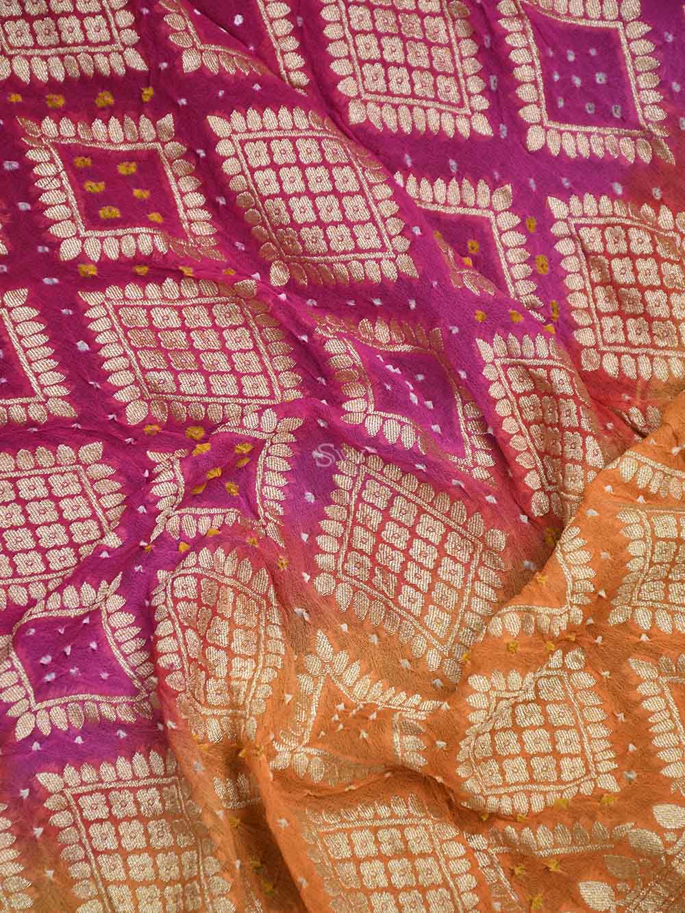 Orange Pink Bandhani Khaddi Georgette Handloom Banarasi Saree - Sacred Weaves