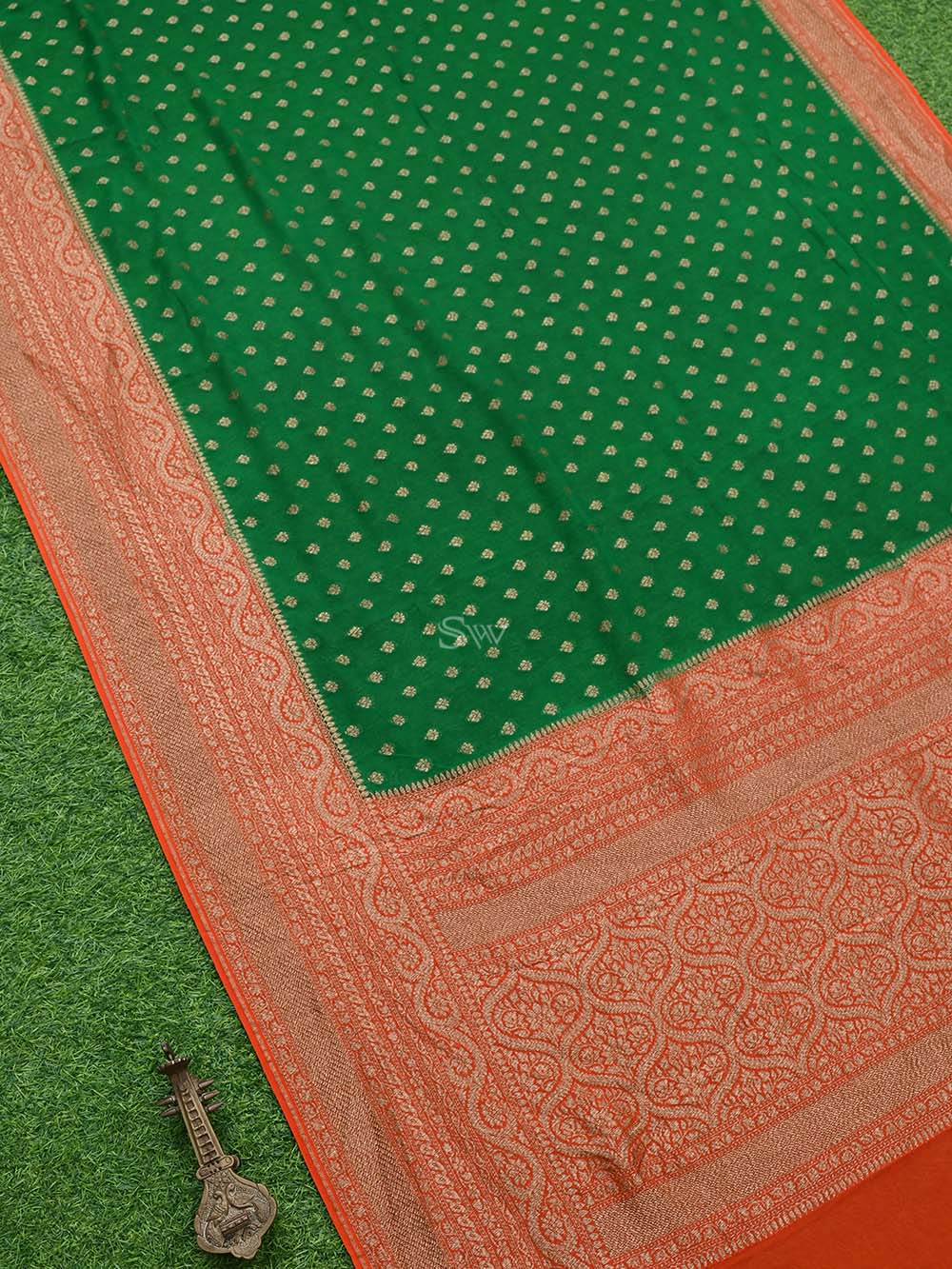 Green Booti Khaddi Georgette Handloom Banarasi Saree - Sacred Weaves