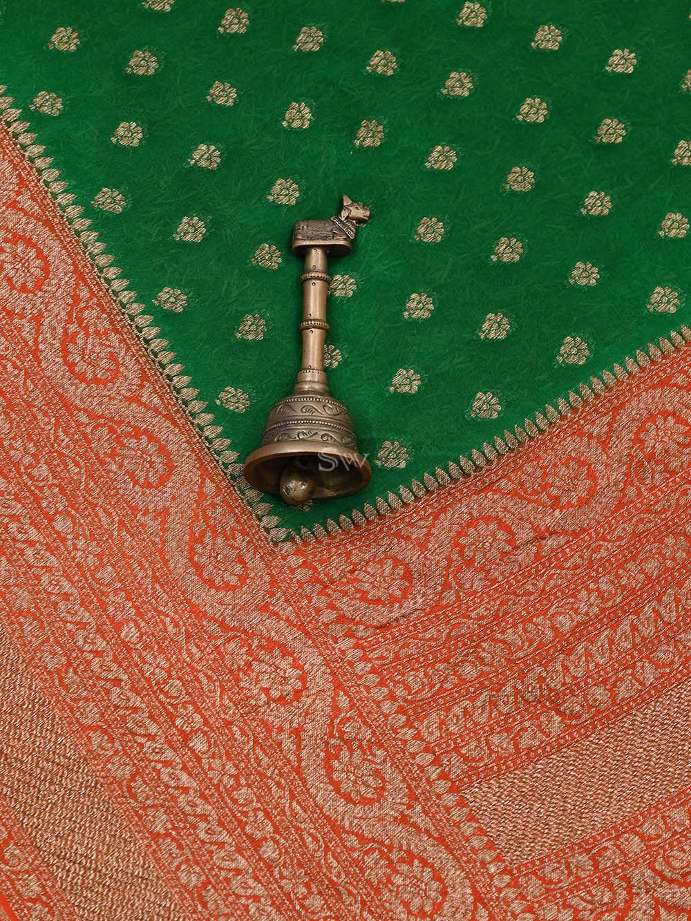 Green Booti Khaddi Georgette Handloom Banarasi Saree - Sacred Weaves