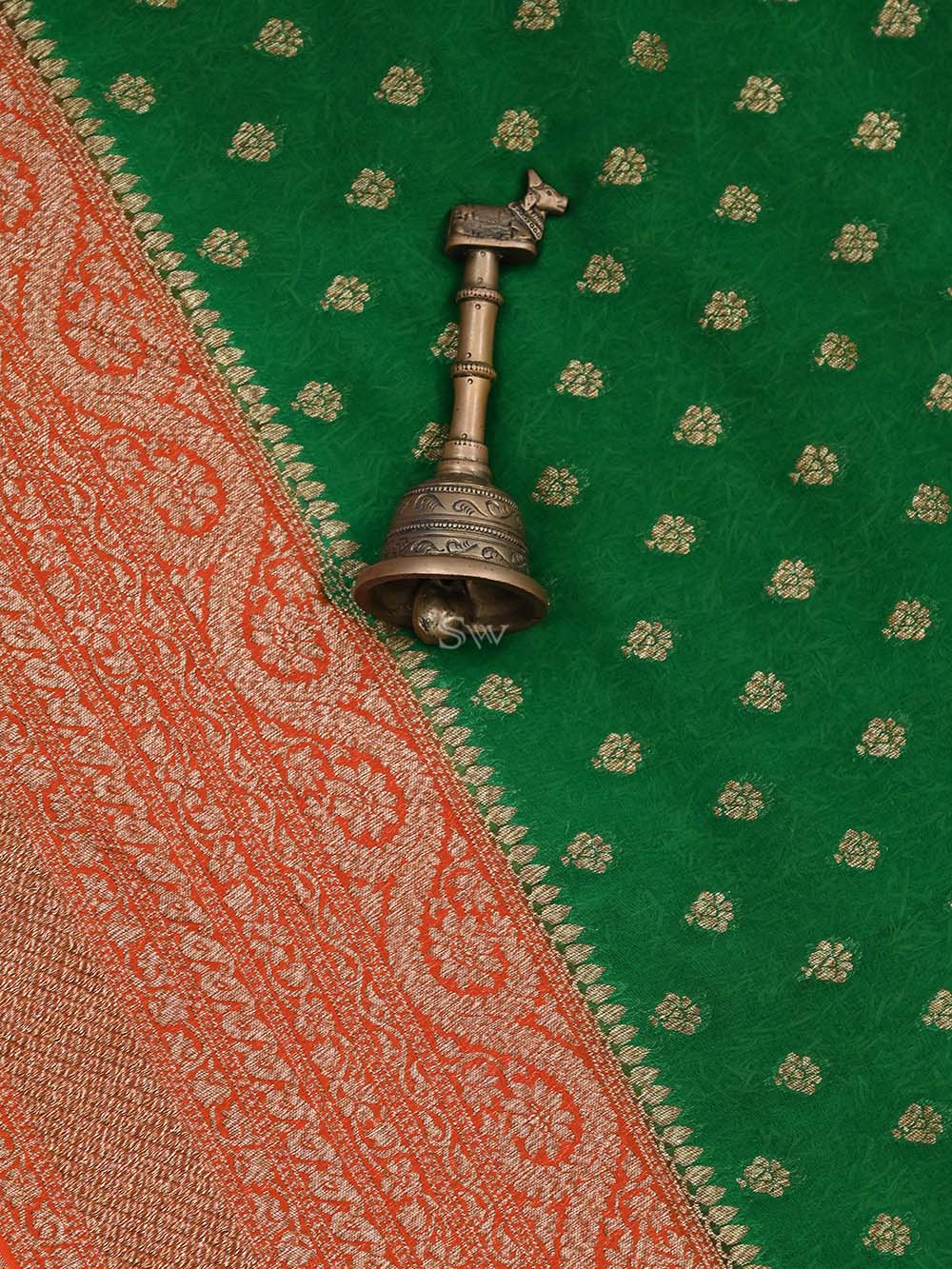 Green Booti Khaddi Georgette Handloom Banarasi Saree - Sacred Weaves
