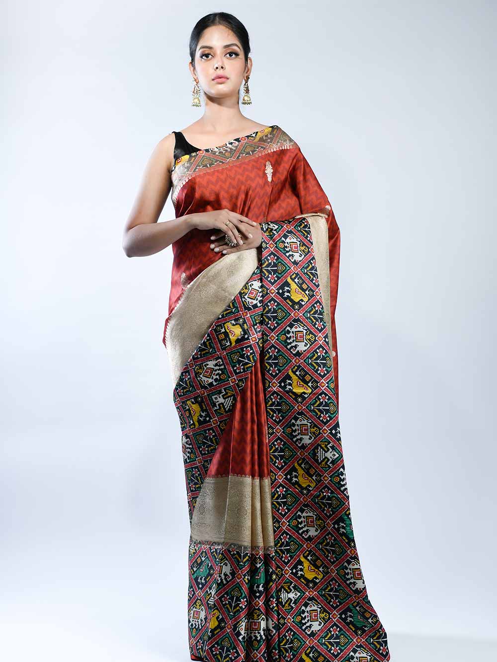 Maroon Katan Silk Printed Banarasi Saree - Sacred Weaves