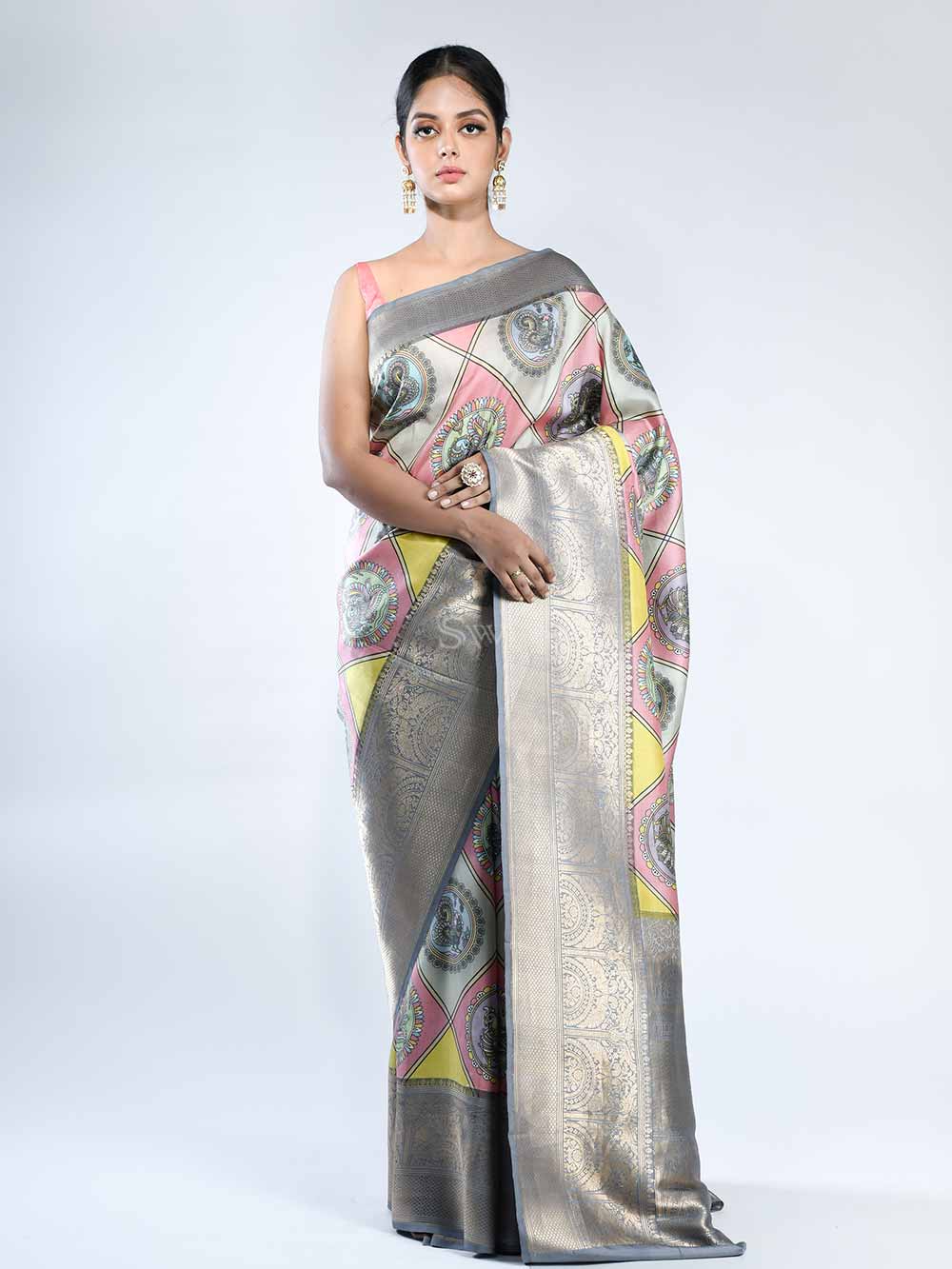 Multicolor Katan Silk Printed Banarasi Saree - Sacred Weaves