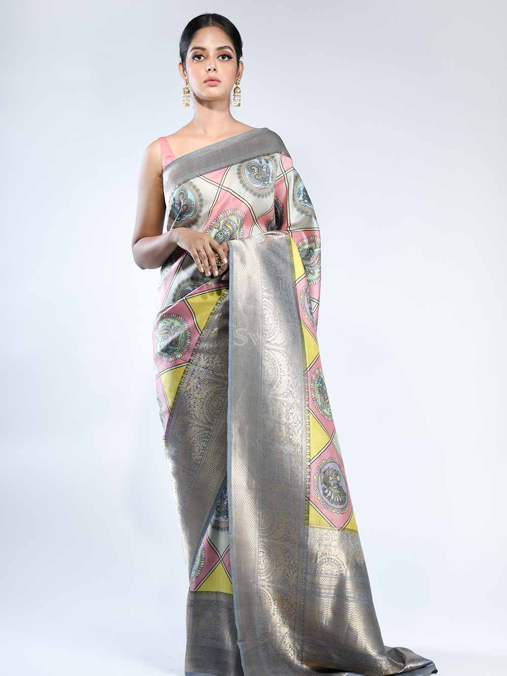 Multicolor Katan Silk Printed Banarasi Saree - Sacred Weaves