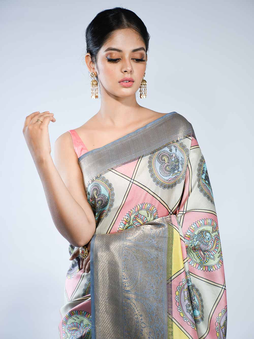 Multicolor Katan Silk Printed Banarasi Saree - Sacred Weaves