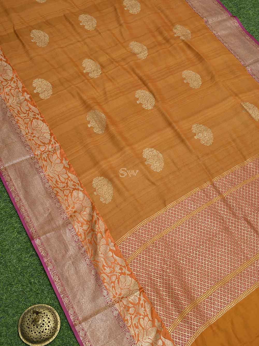 Mustard Tussar Silk Handloom Banarasi Saree - Sacred Weaves