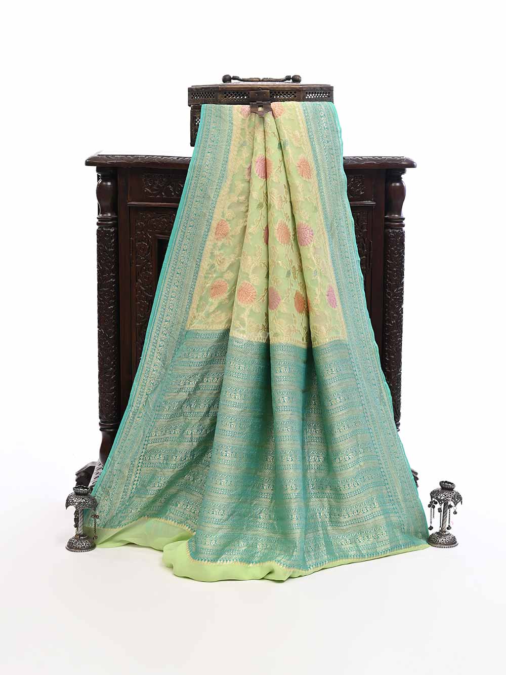 Pista Green Rangkat Georgette Handloom Banarasi Saree - Sacred Weaves