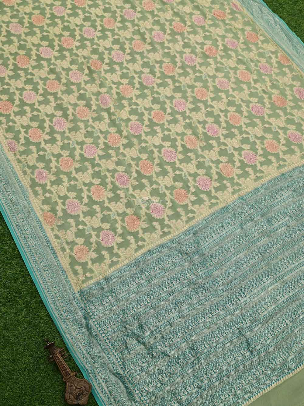 Pista Green Rangkat Georgette Handloom Banarasi Saree - Sacred Weaves