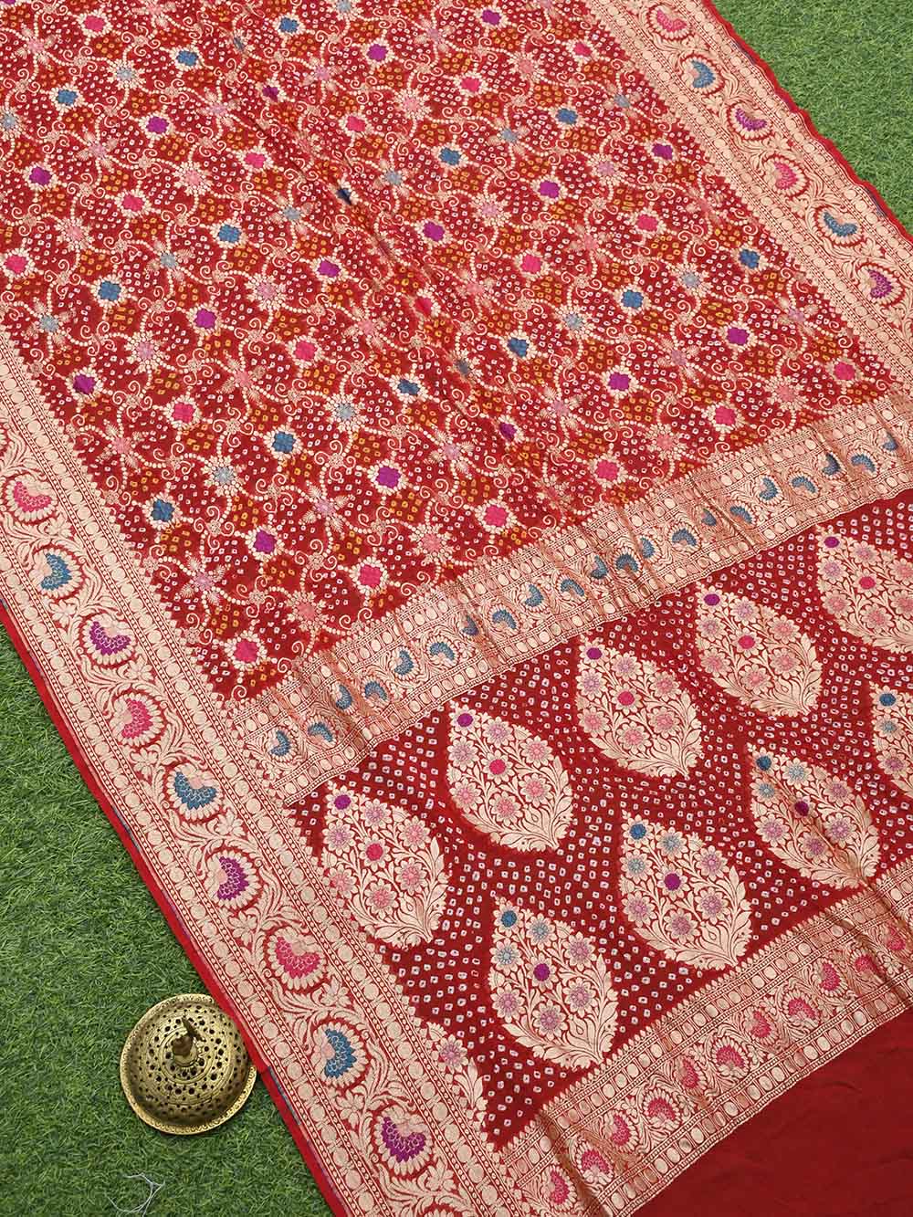 Red Meenakari Jaal Bandhani Khaddi Georgette Handloom Banarasi Saree - Sacred Weaves
