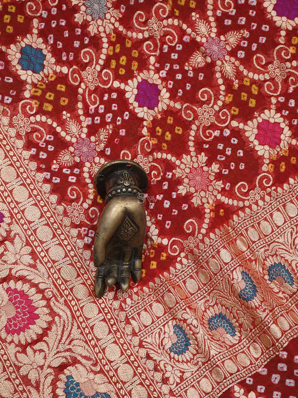 Red Meenakari Jaal Bandhani Khaddi Georgette Handloom Banarasi Saree - Sacred Weaves
