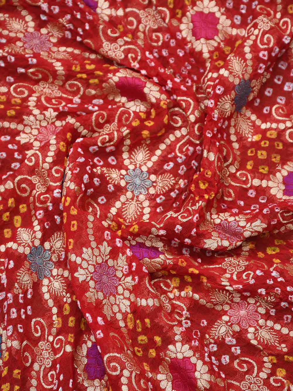 Red Meenakari Jaal Bandhani Khaddi Georgette Handloom Banarasi Saree - Sacred Weaves