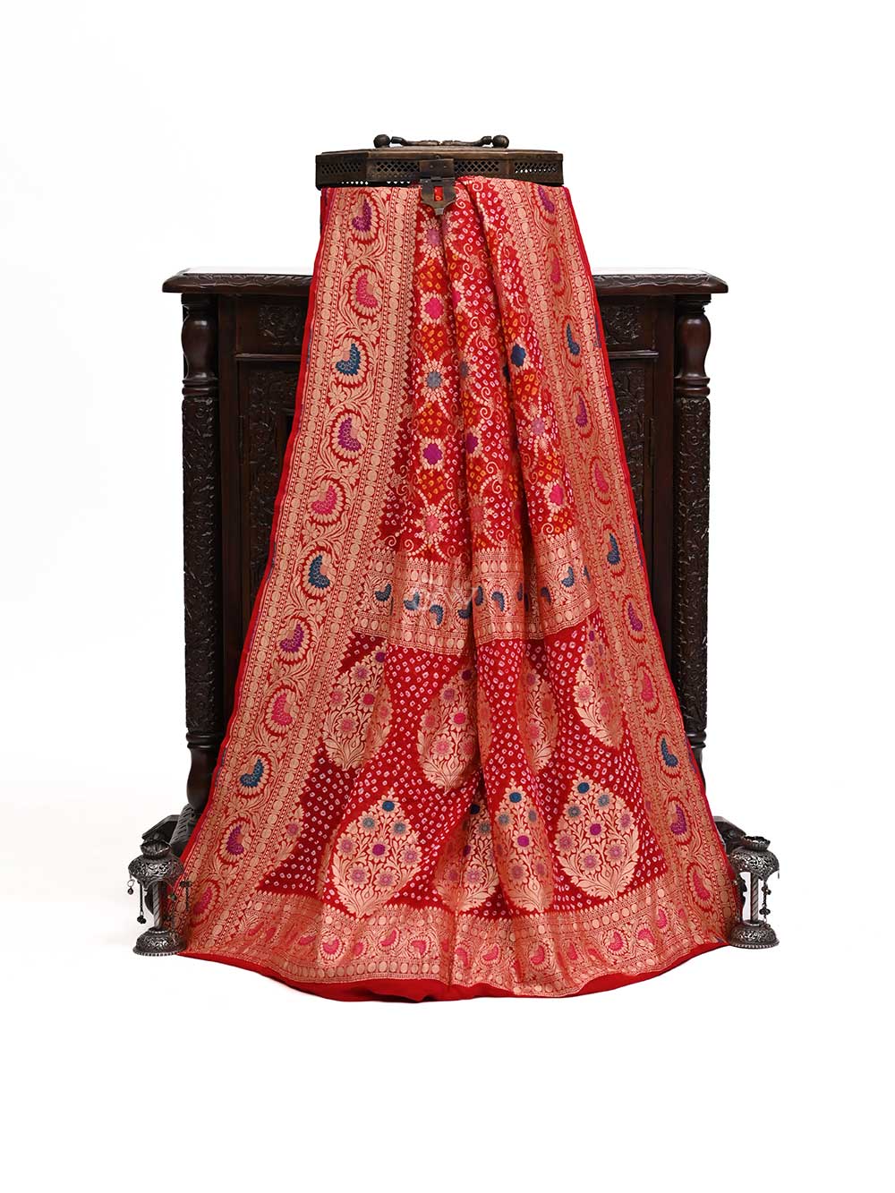 Red Meenakari Jaal Bandhani Khaddi Georgette Handloom Banarasi Saree - Sacred Weaves