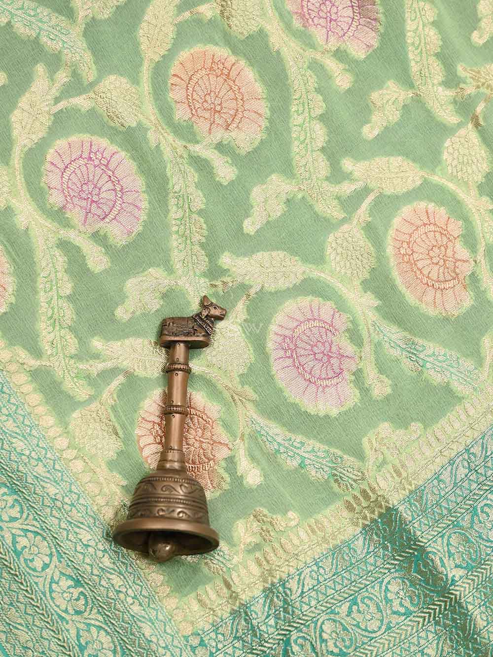 Pista Green Rangkat Khaddi Georgette Handloom Banarasi Saree - Sacred Weaves