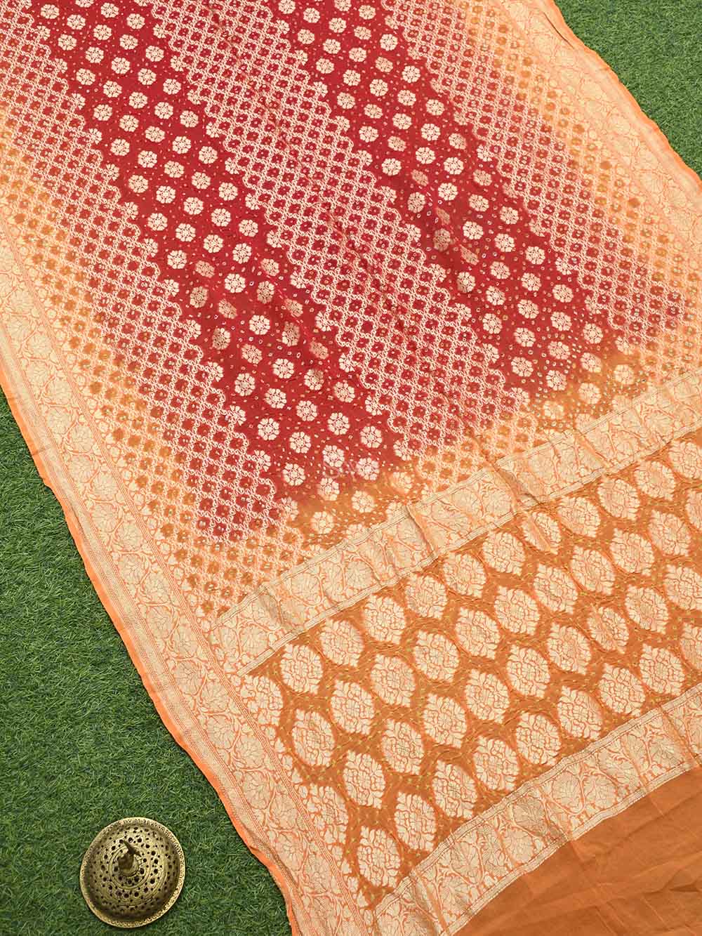 Orange Red Bandhani Khaddi Georgette Handloom Banarasi Saree - Sacred Weaves