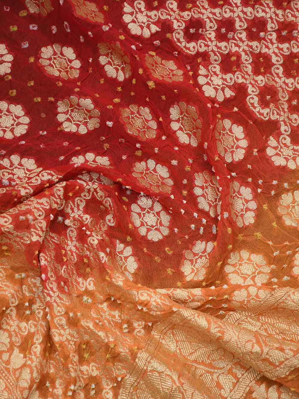 Orange Red Bandhani Khaddi Georgette Handloom Banarasi Saree - Sacred Weaves