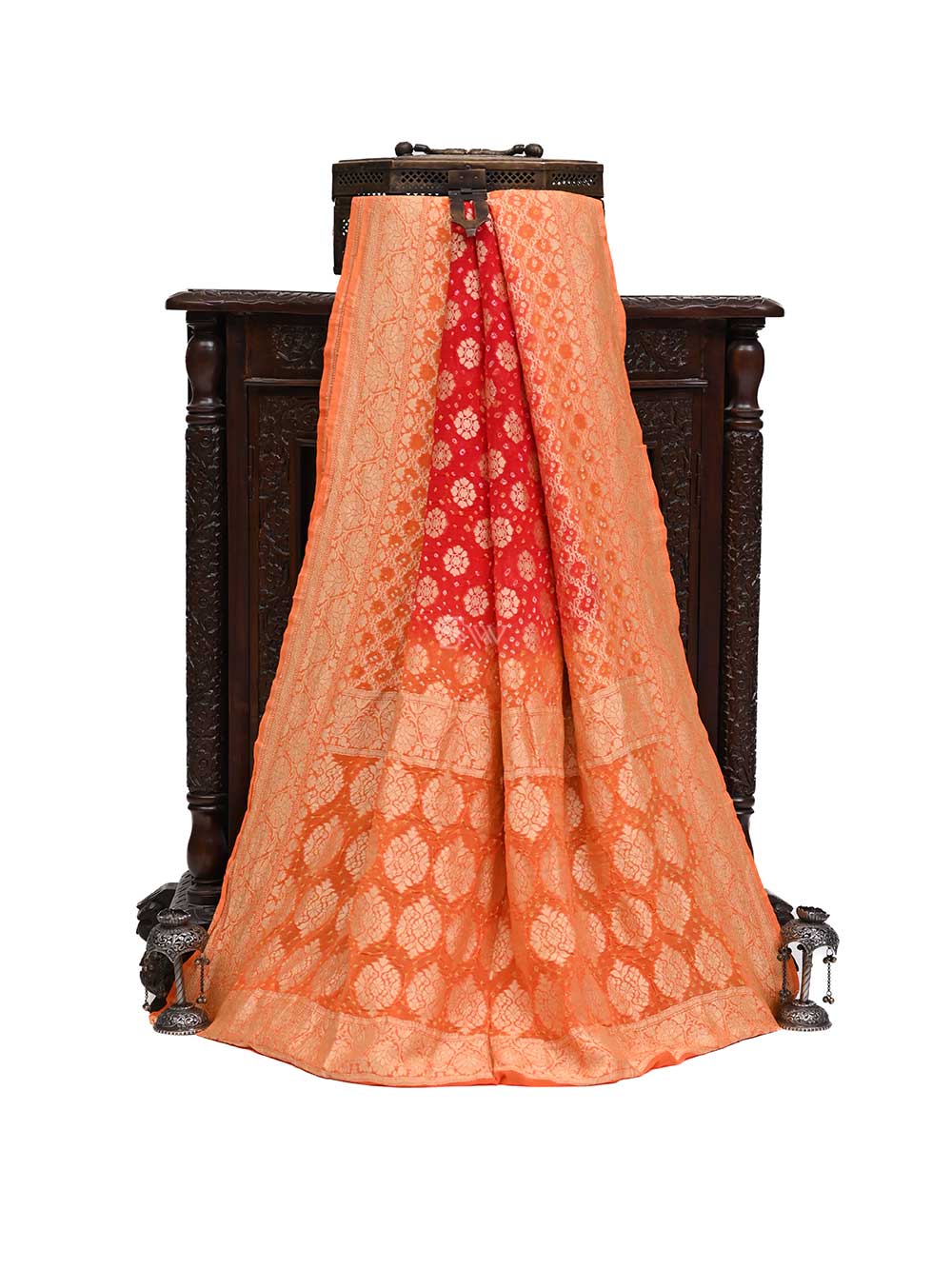 Orange Red Bandhani Khaddi Georgette Handloom Banarasi Saree - Sacred Weaves