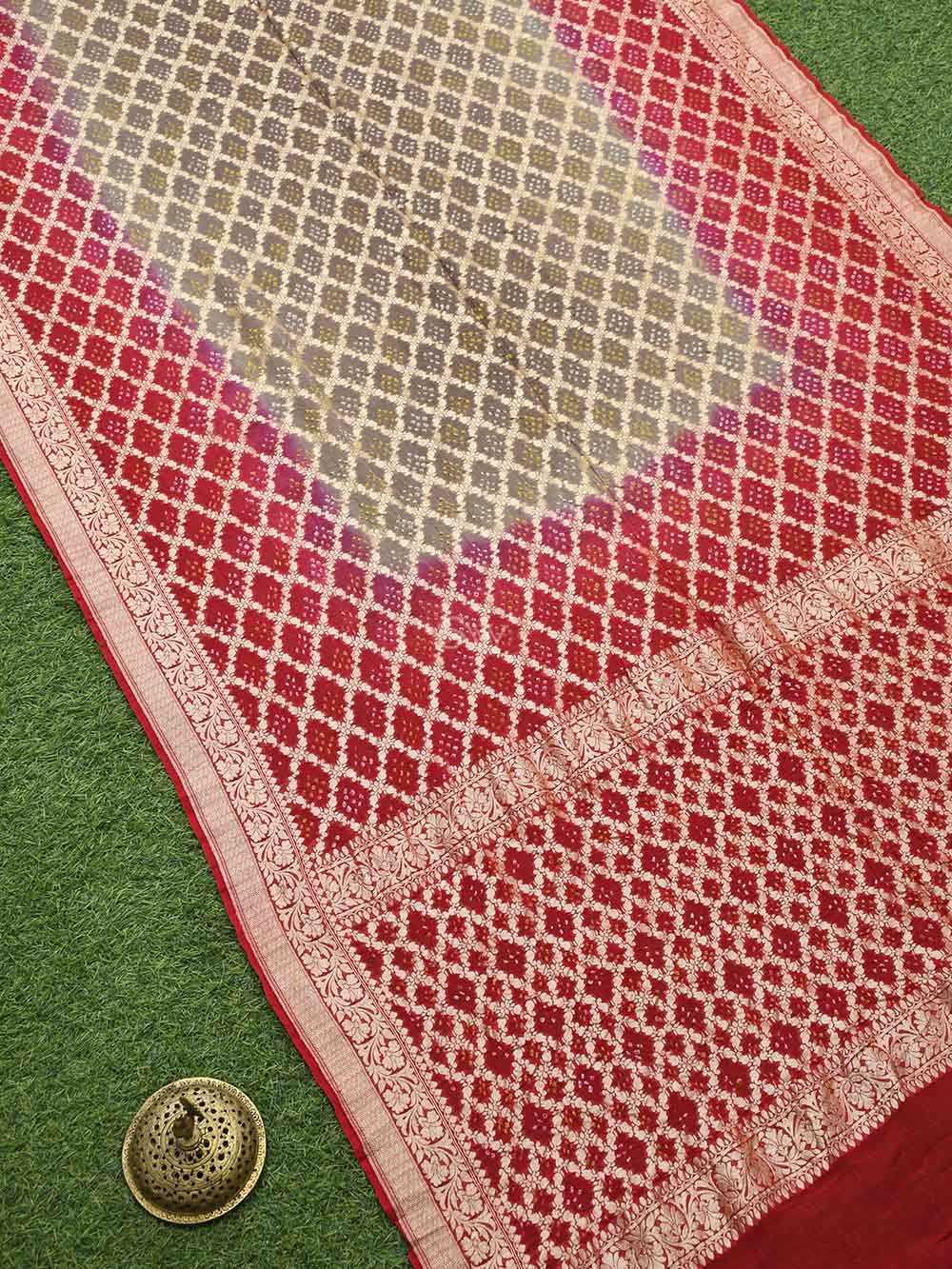 Red Brown Bandhani Khaddi Georgette Handloom Banarasi Saree - Sacred Weaves