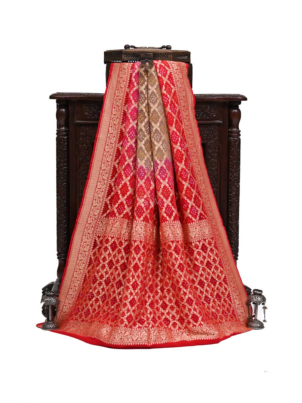 Red Brown Bandhani Khaddi Georgette Handloom Banarasi Saree - Sacred Weaves