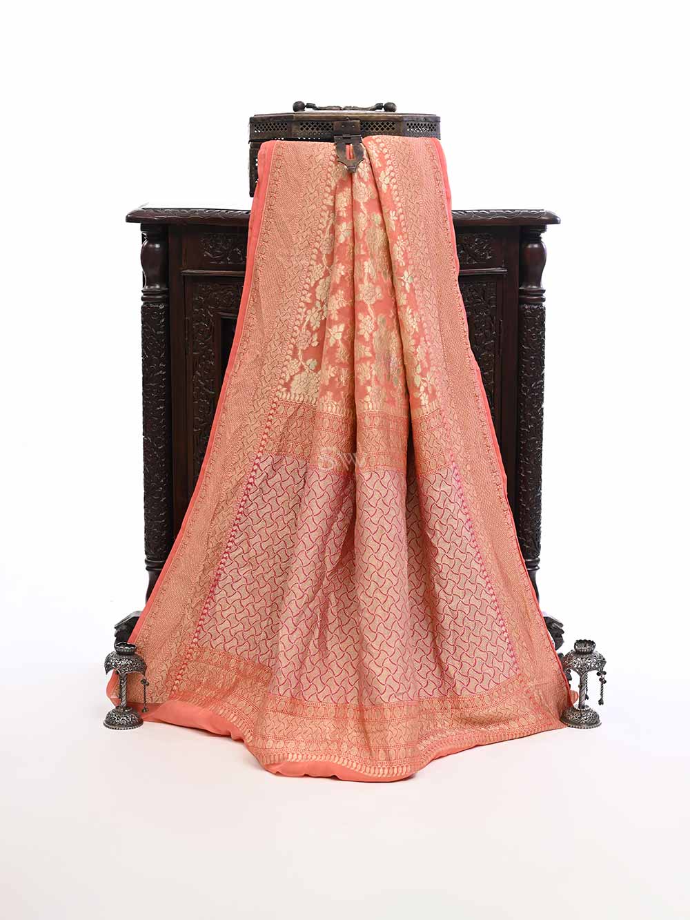 Peach Rangkat Khaddi Georgette Handloom Banarasi Saree - Sacred Weaves