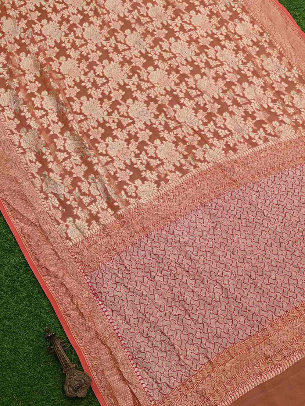 Peach Rangkat Khaddi Georgette Handloom Banarasi Saree - Sacred Weaves