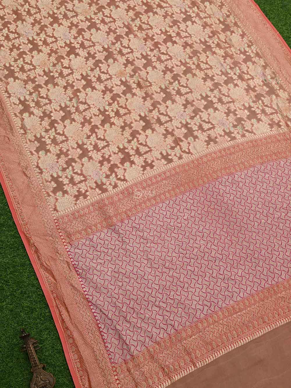 Peach Rangkat Georgette Handloom Banarasi Saree - Sacred Weaves