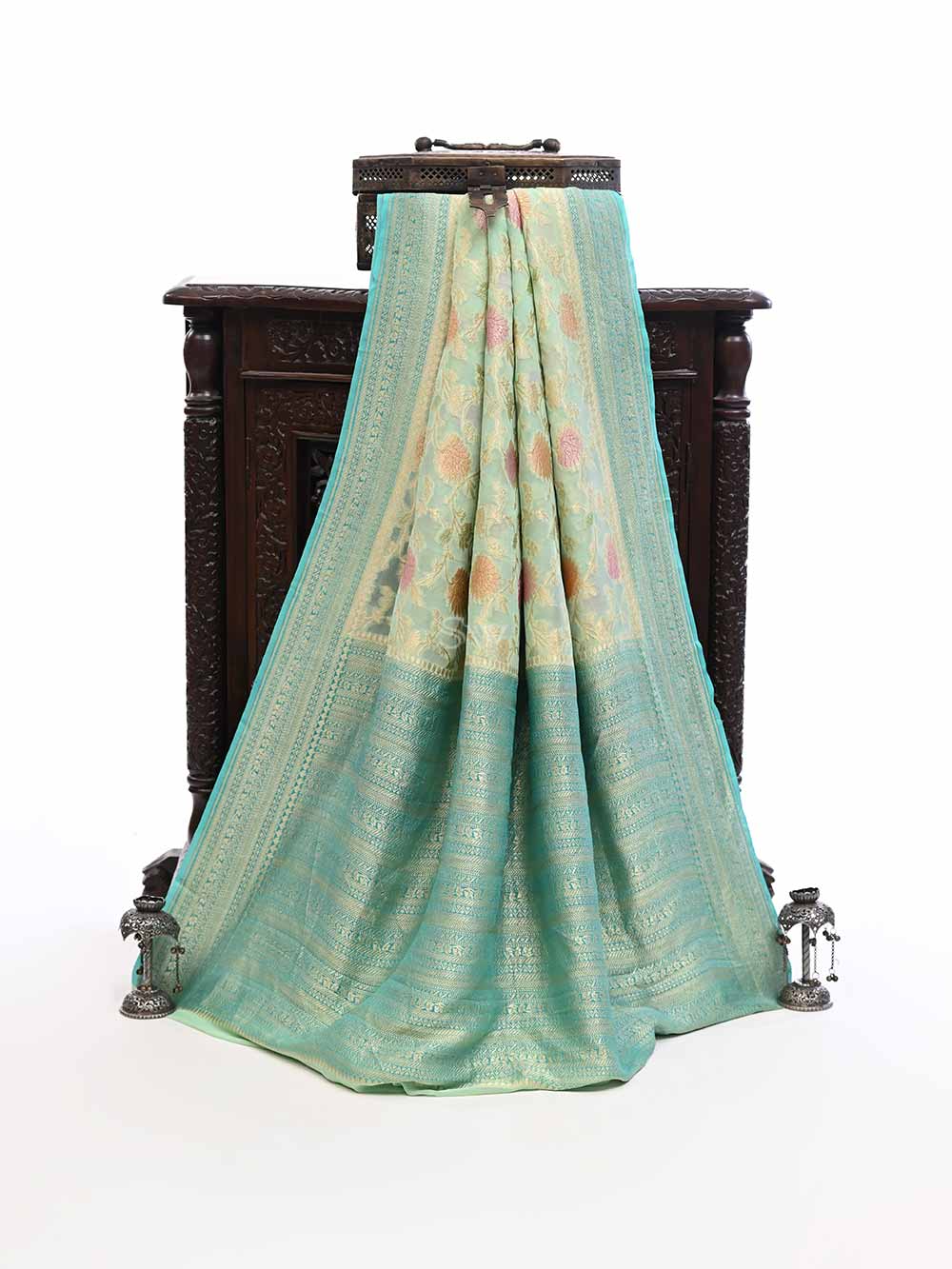Mint Green Rangkat Khaddi Georgette Handloom Banarasi Saree- Sacred Weaves