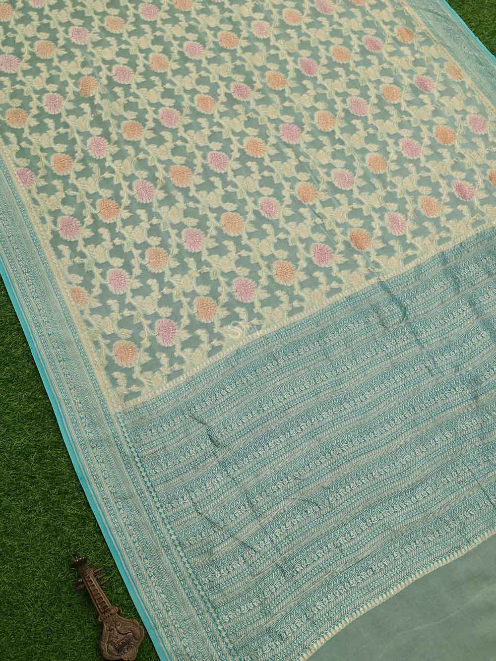 Mint Green Rangkat Khaddi Georgette Handloom Banarasi Saree- Sacred Weaves