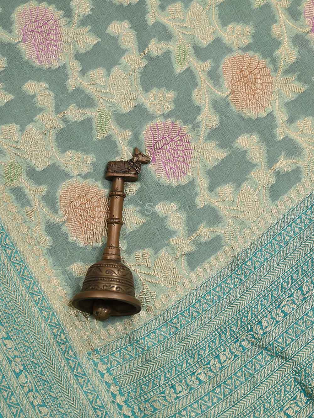 Mint Green Rangkat Khaddi Georgette Handloom Banarasi Saree- Sacred Weaves