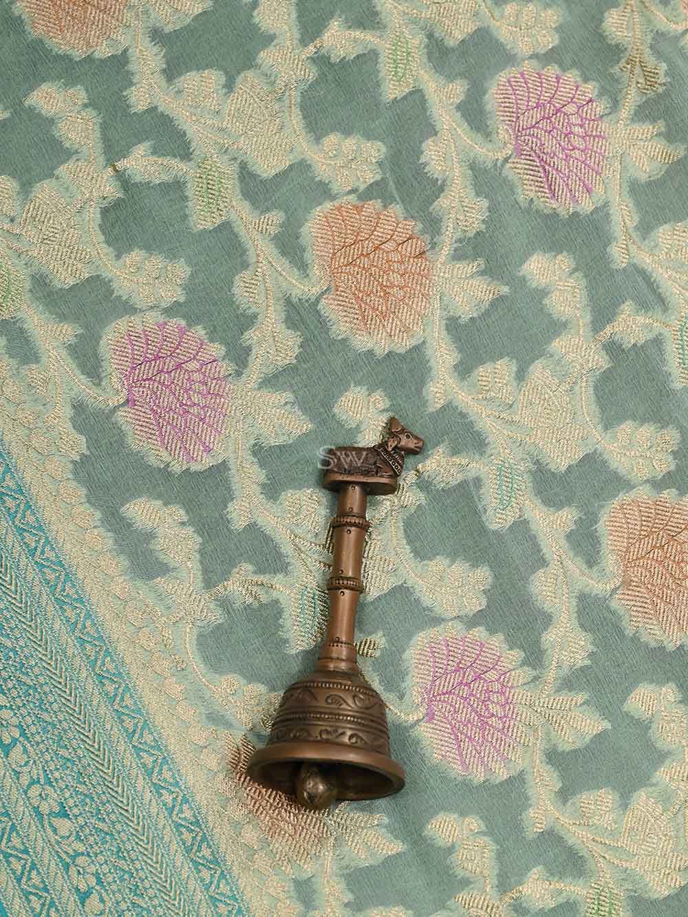 Mint Green Rangkat Khaddi Georgette Handloom Banarasi Saree- Sacred Weaves