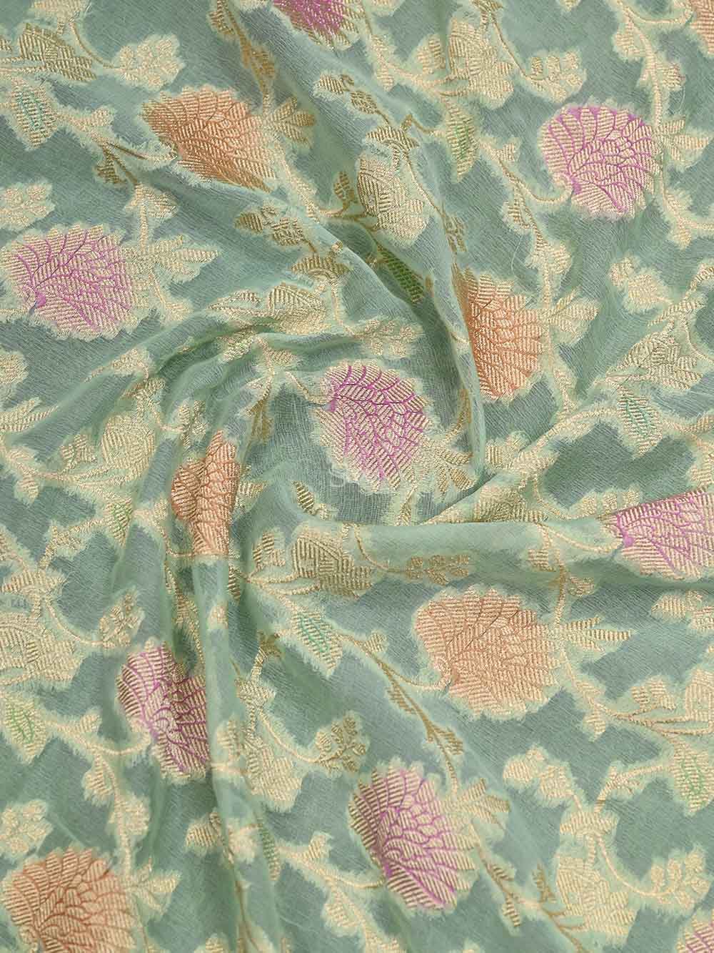Mint Green Rangkat Khaddi Georgette Handloom Banarasi Saree- Sacred Weaves