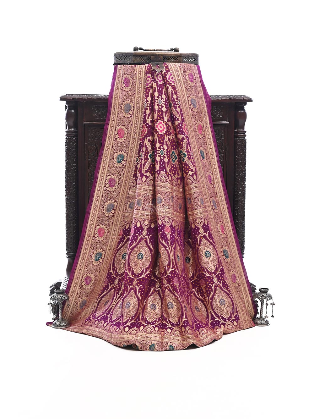 Wine Meenakari Jaal Bandhani Khaddi Georgette Handloom Banarasi Saree - Sacred Weaves