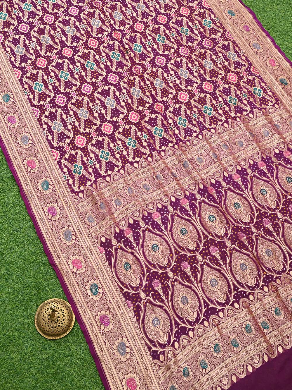 Wine Meenakari Jaal Bandhani Khaddi Georgette Handloom Banarasi Saree - Sacred Weaves