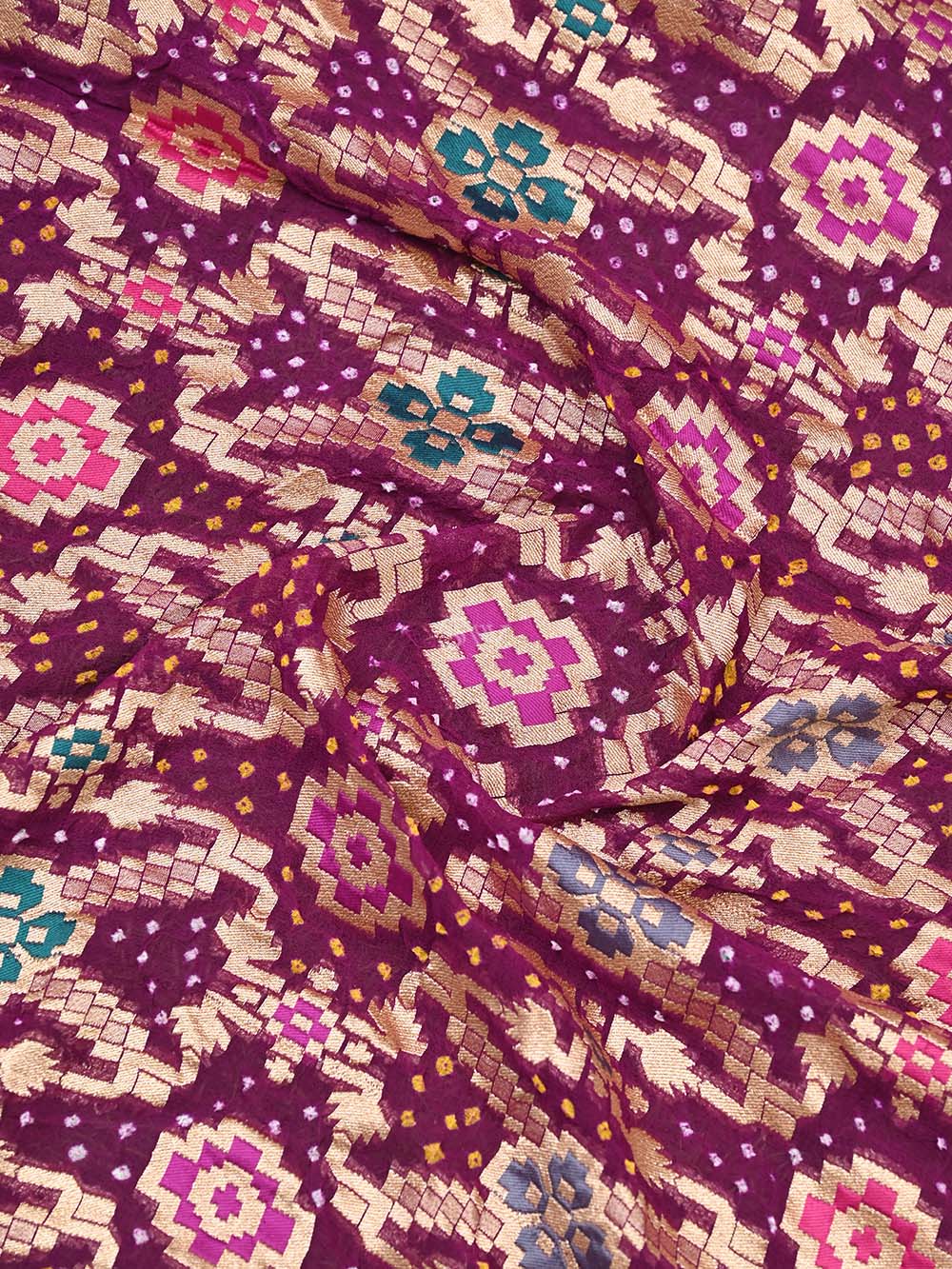 Wine Meenakari Jaal Bandhani Khaddi Georgette Handloom Banarasi Saree - Sacred Weaves