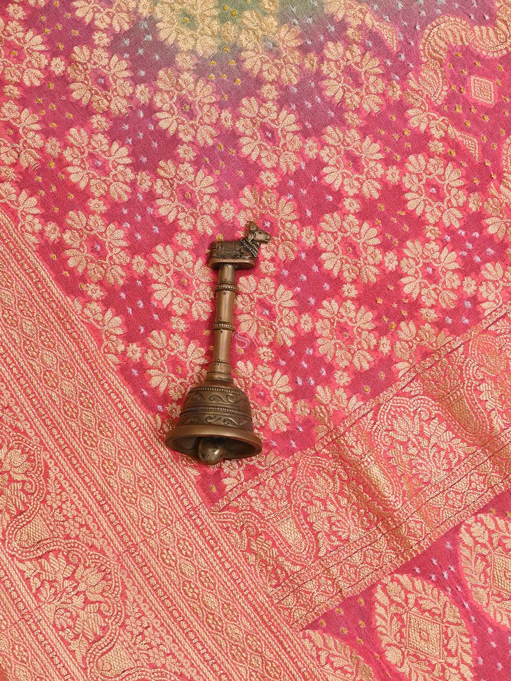 Green Pink Bandhani Khaddi Georgette Handloom Banarasi Saree - Sacred Weaves