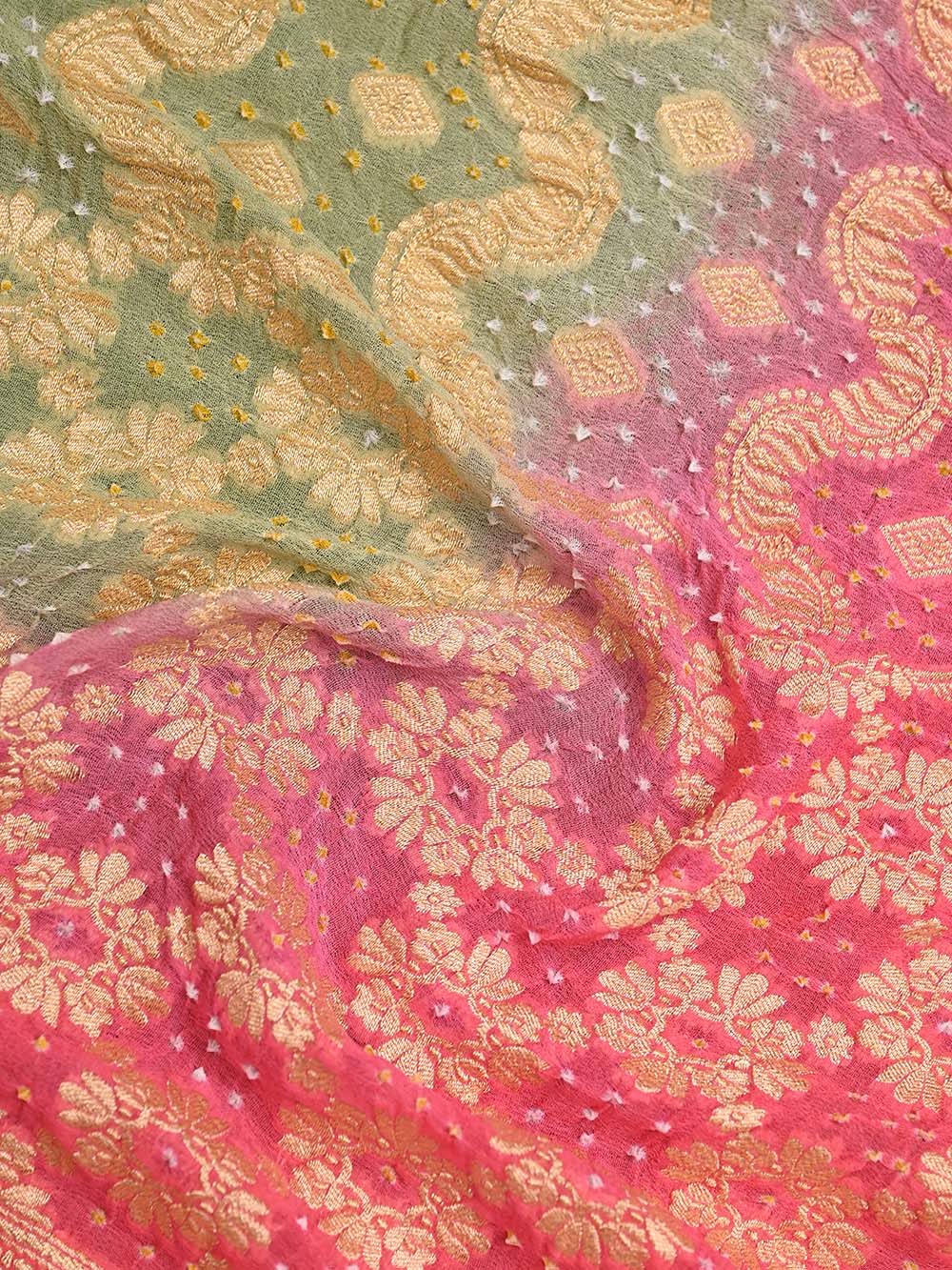 Green Pink Bandhani Khaddi Georgette Handloom Banarasi Saree - Sacred Weaves