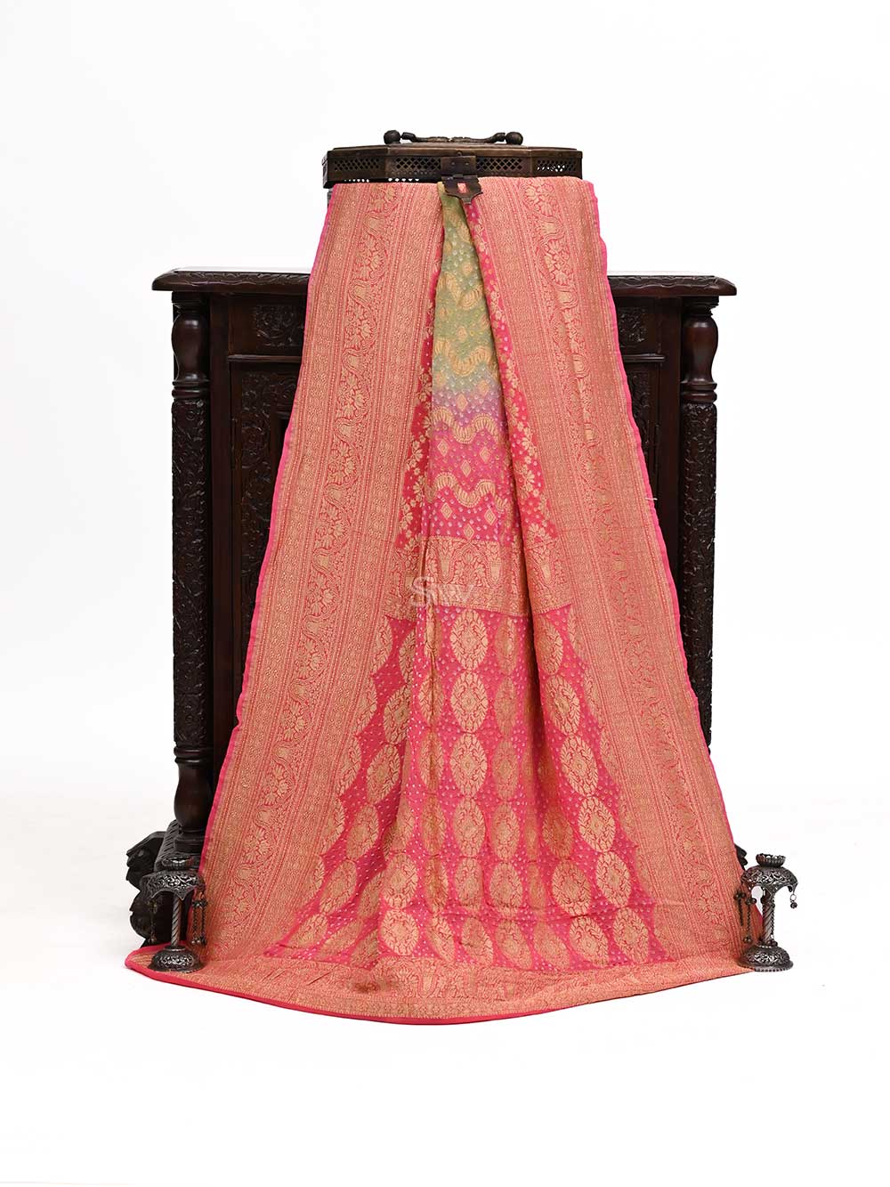 Green Pink Bandhani Khaddi Georgette Handloom Banarasi Saree - Sacred Weaves