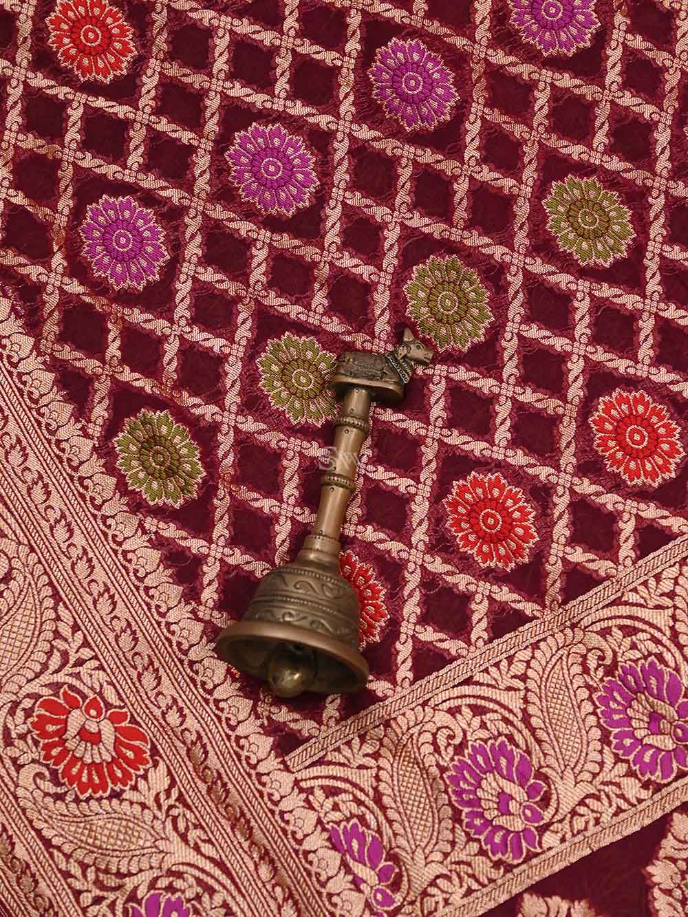 Wine Meenakari Jaal Khaddi Georgette Handloom Banarasi Saree - Sacred Weaves