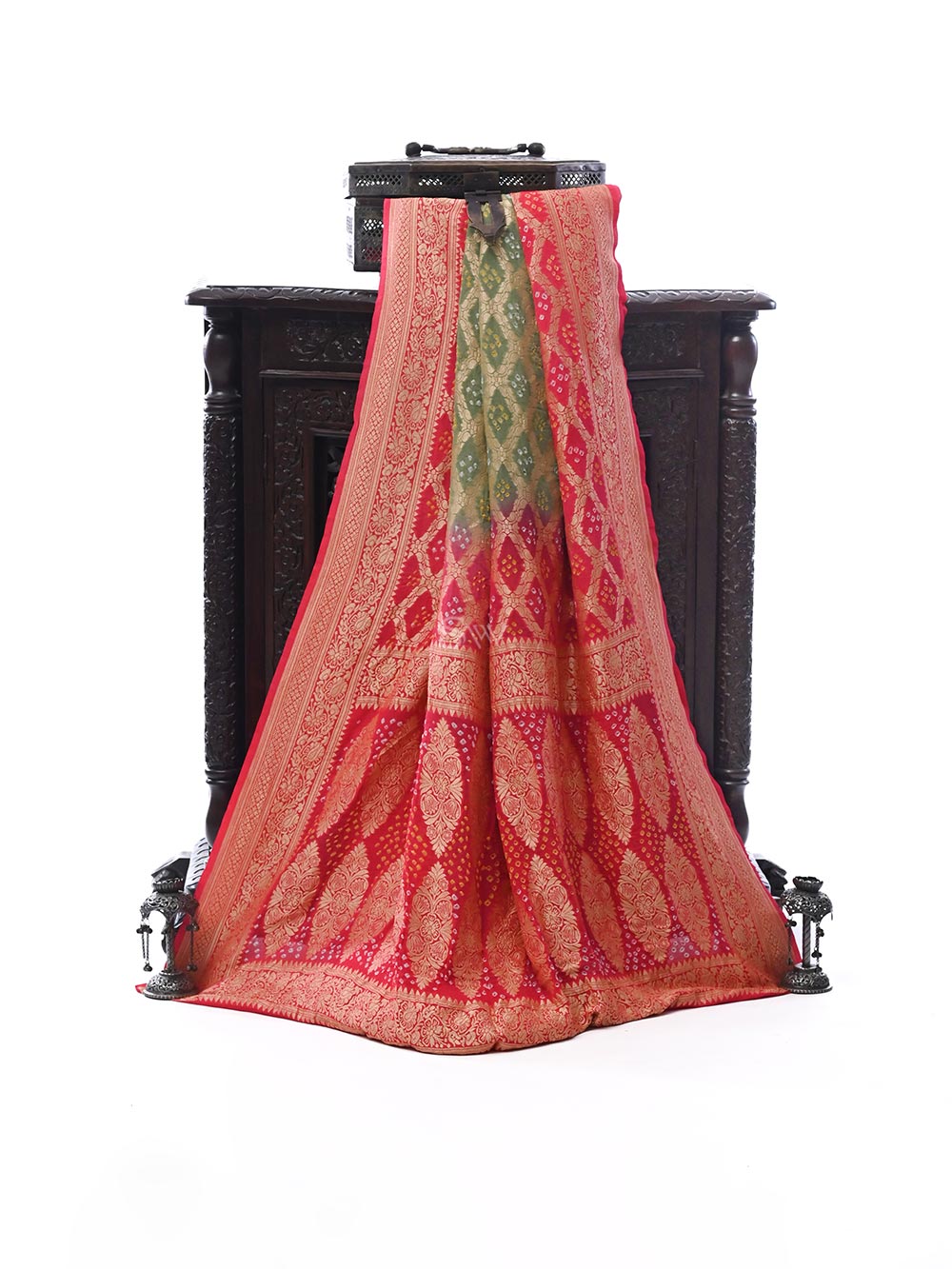 Dark Pink Green Bandhani Khaddi Georgette Handloom Banarasi Saree - Sacred Weaves