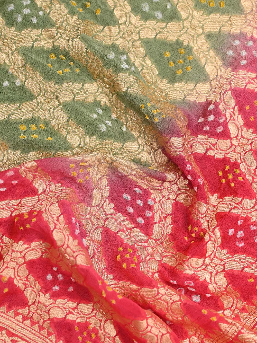 Dark Pink Green Bandhani Khaddi Georgette Handloom Banarasi Saree - Sacred Weaves