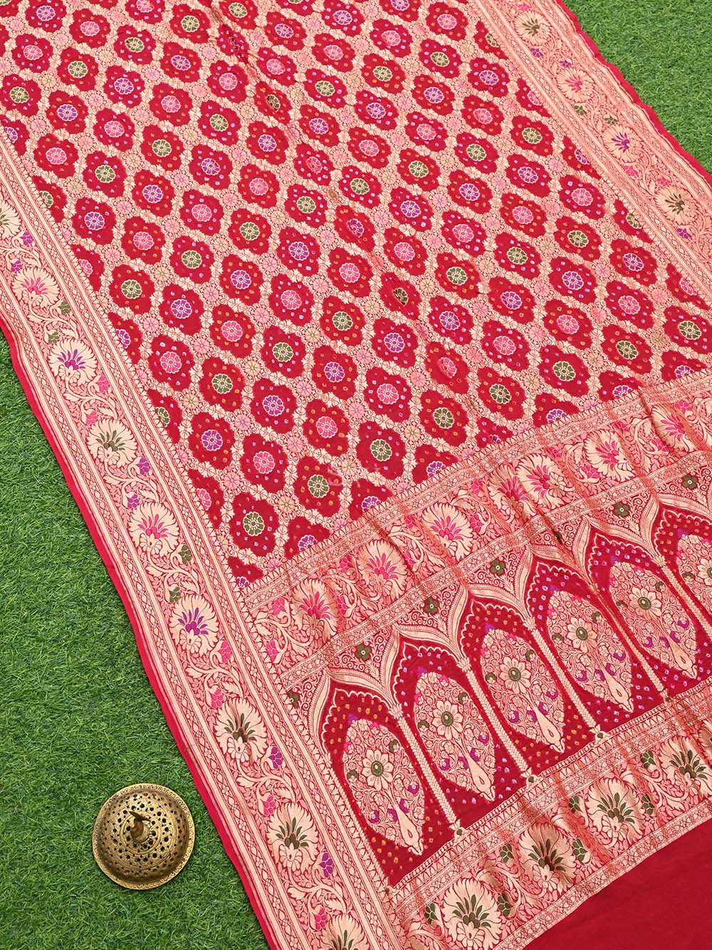 Dark Pink Meenakari Jaal Bandhani Khaddi Georgette Handloom Banarasi Saree - Sacred Weaves