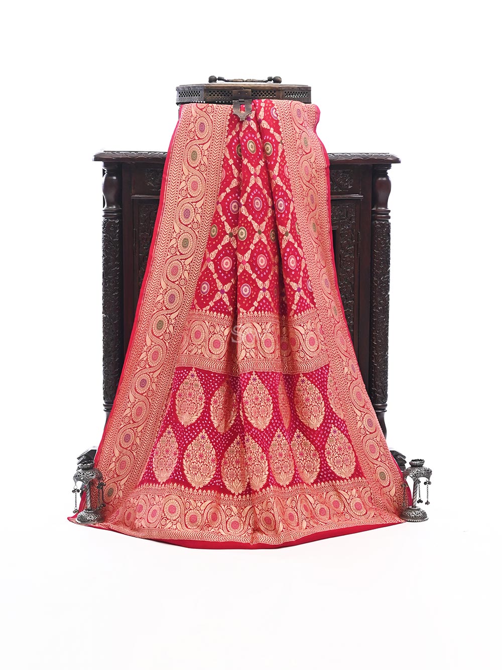 Dark Pink Meenakari Jaal Bandhani Khaddi Georgette Handloom Banarasi Saree - Sacred Weaves