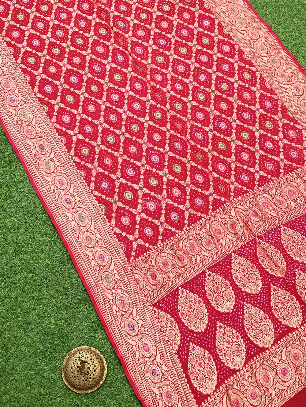 Dark Pink Meenakari Jaal Bandhani Khaddi Georgette Handloom Banarasi Saree - Sacred Weaves