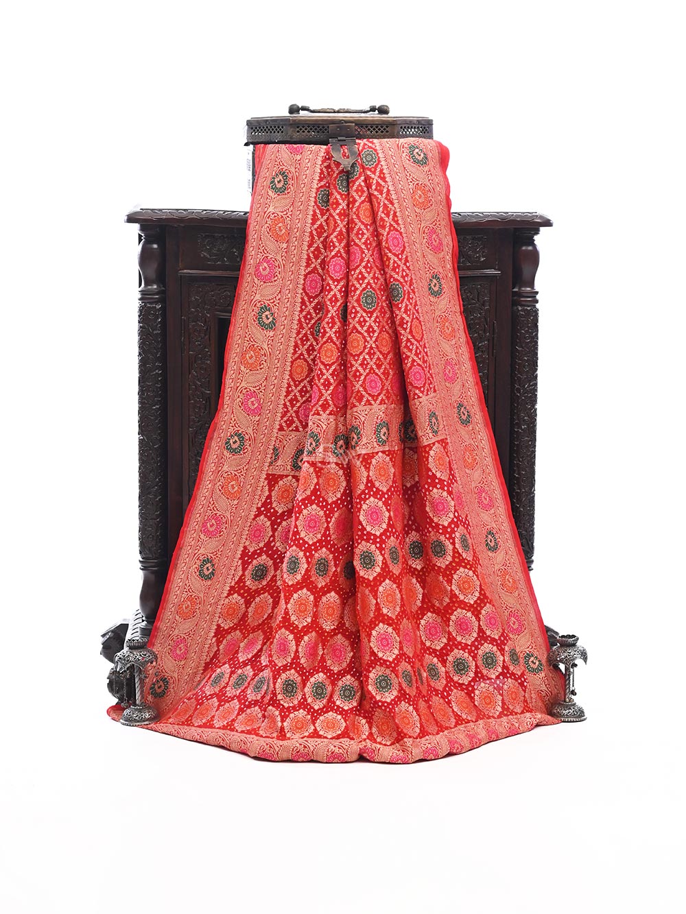 Red Meenakari Jaal Bandhani Khaddi Georgette Handloom Banarasi Saree - Sacred Weaves