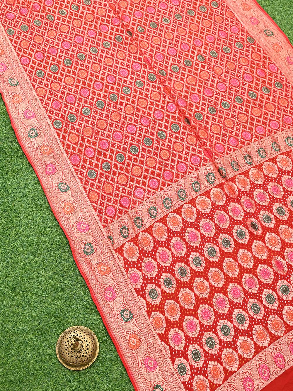 Red Meenakari Jaal Bandhani Khaddi Georgette Handloom Banarasi Saree - Sacred Weaves