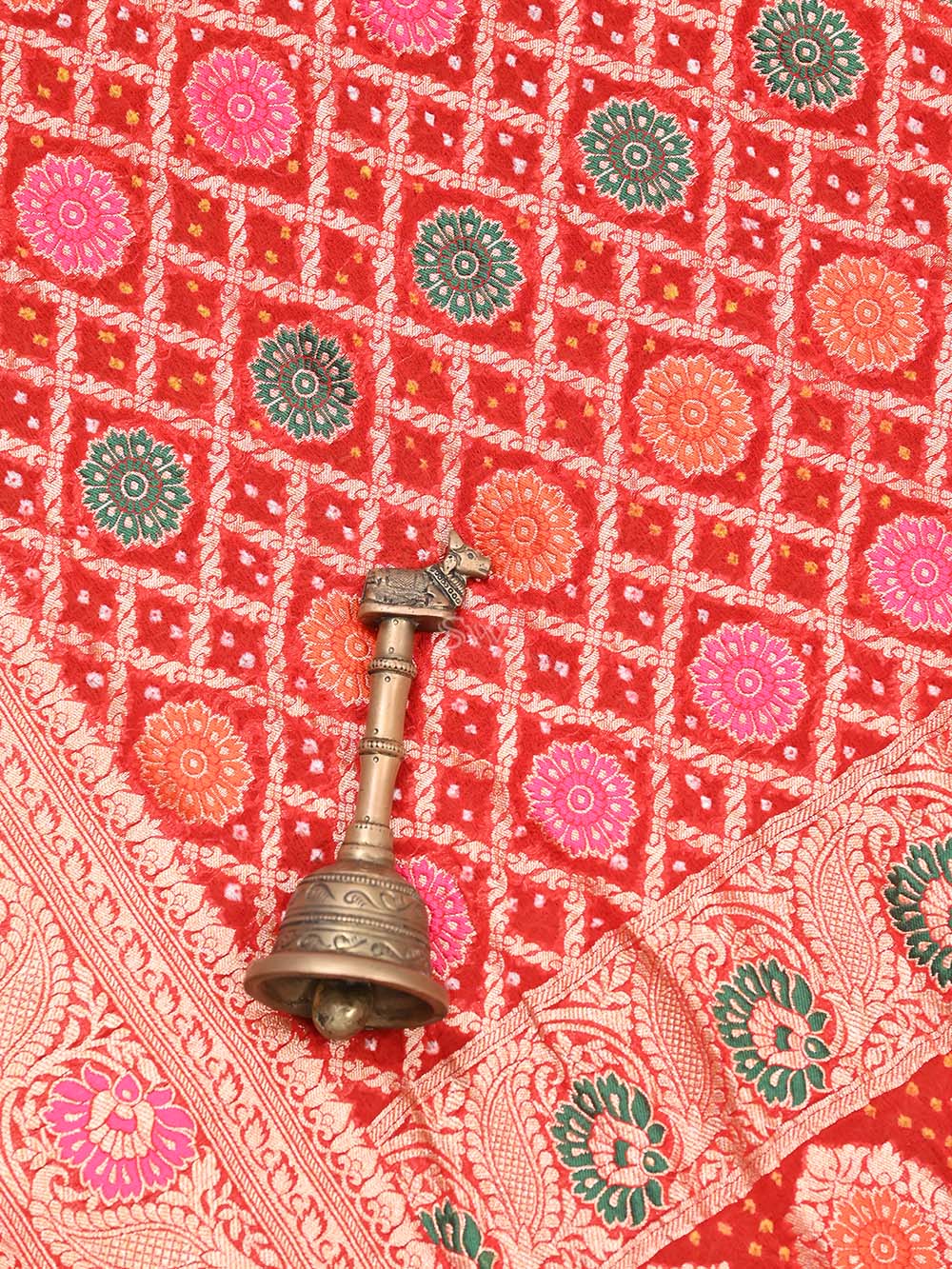 Red Meenakari Jaal Bandhani Khaddi Georgette Handloom Banarasi Saree - Sacred Weaves