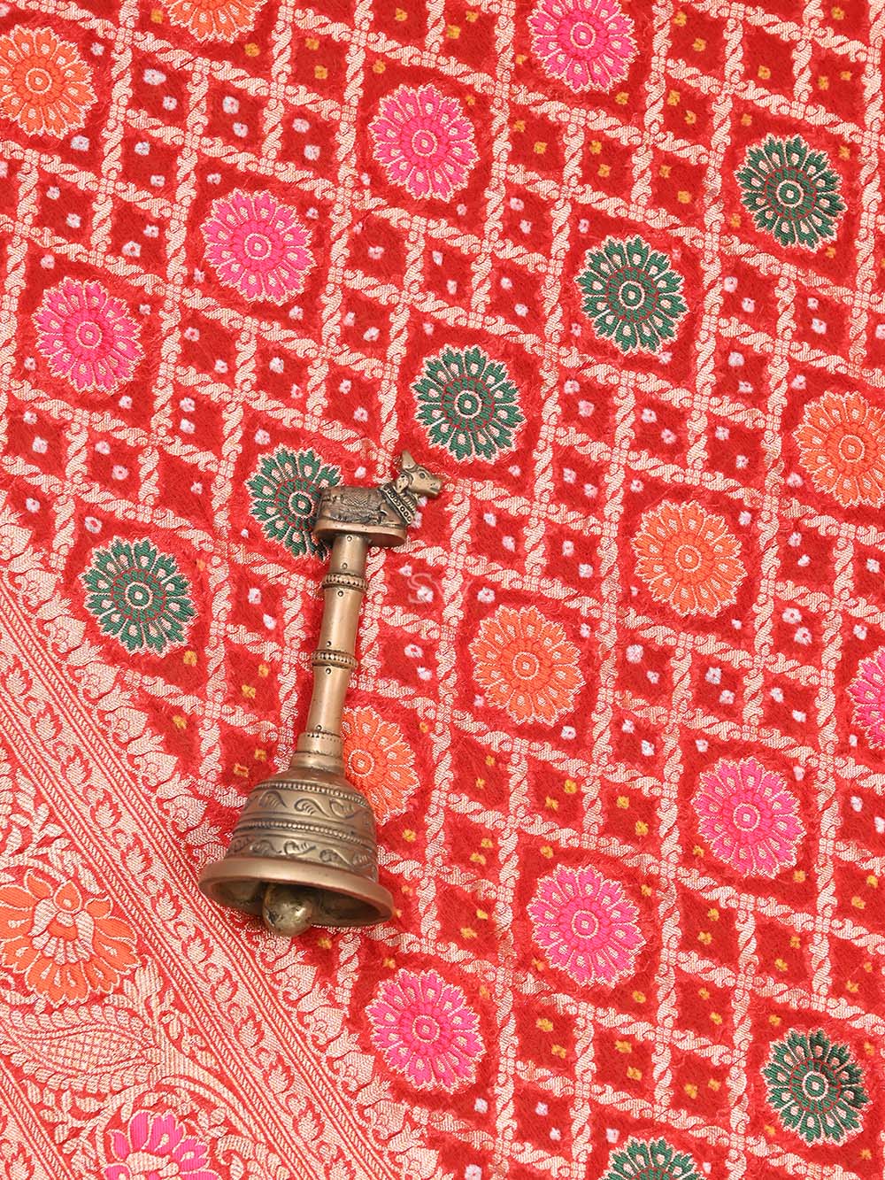 Red Meenakari Jaal Bandhani Khaddi Georgette Handloom Banarasi Saree - Sacred Weaves