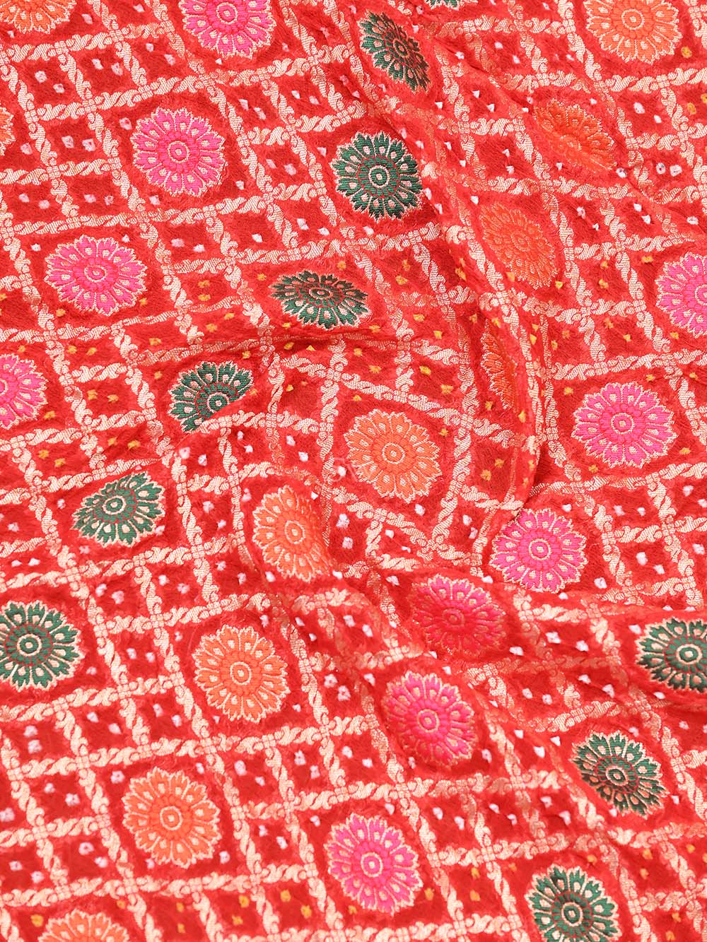 Red Meenakari Jaal Bandhani Khaddi Georgette Handloom Banarasi Saree - Sacred Weaves