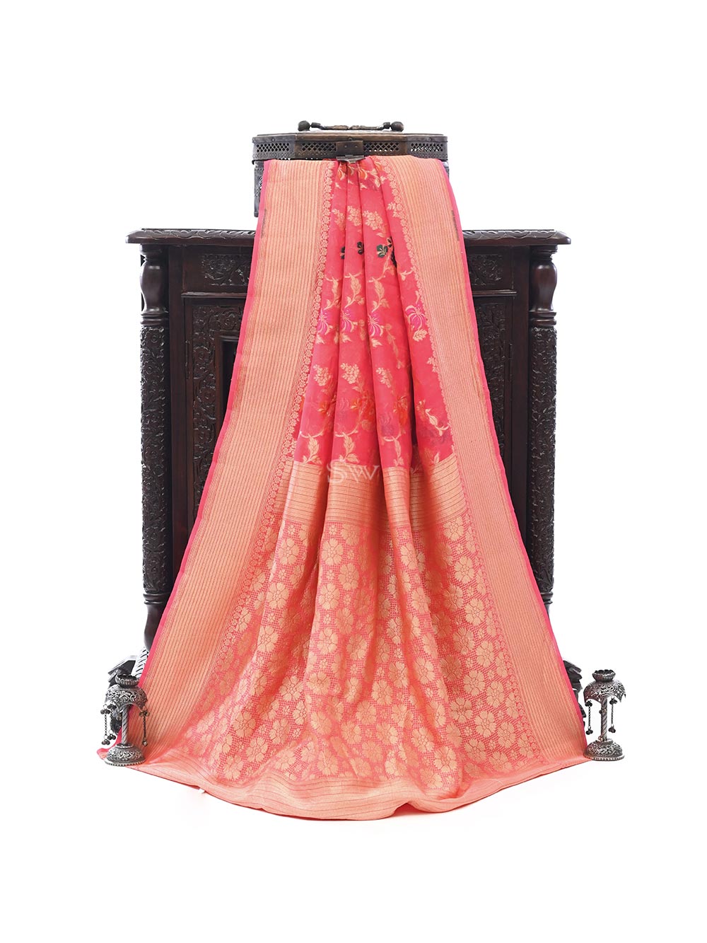 Coral Pink Meenakari Jaal Khaddi Georgette Handloom Banarasi Saree - Sacred Weaves