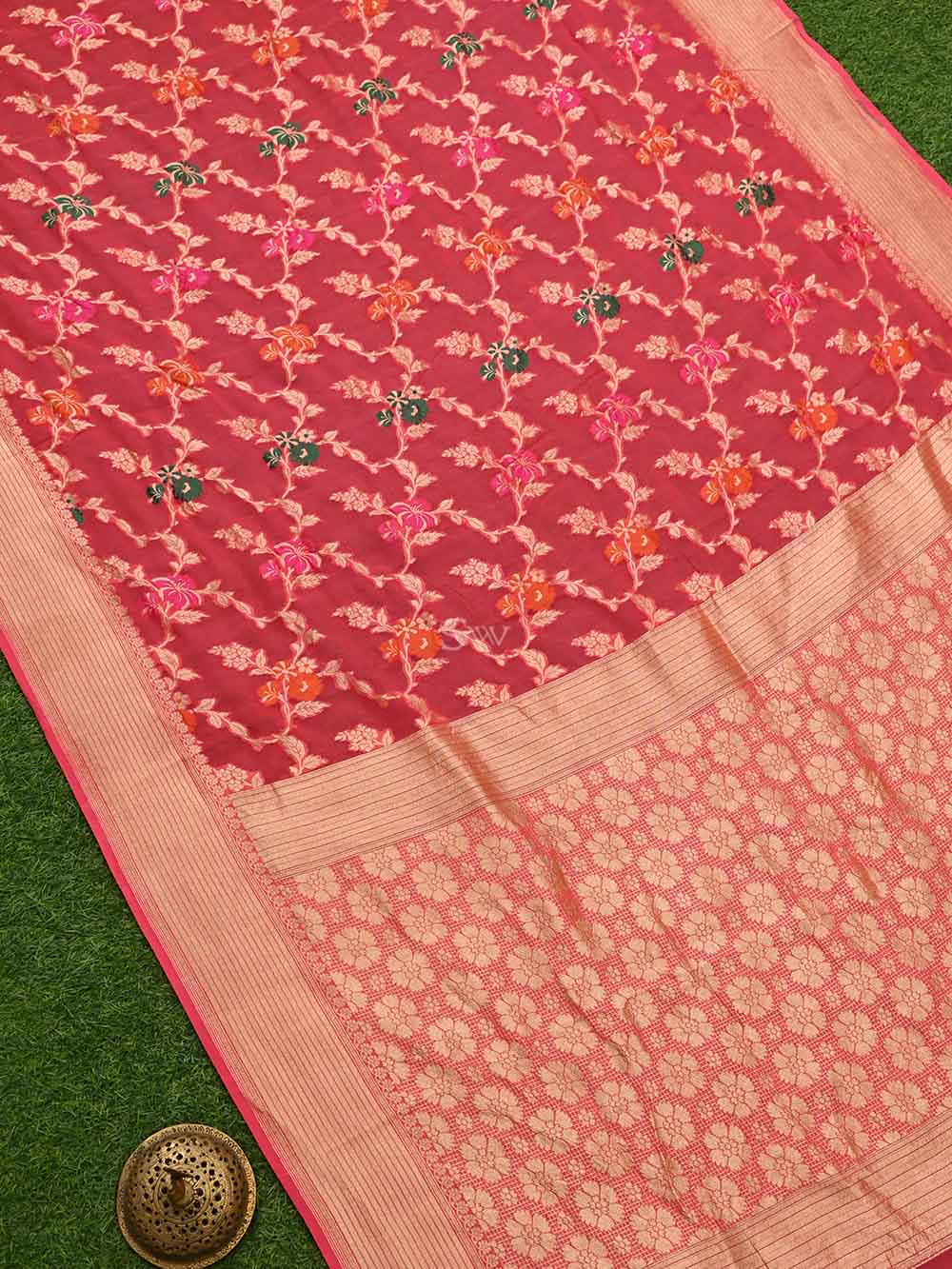 Coral Pink Meenakari Jaal Khaddi Georgette Handloom Banarasi Saree - Sacred Weaves