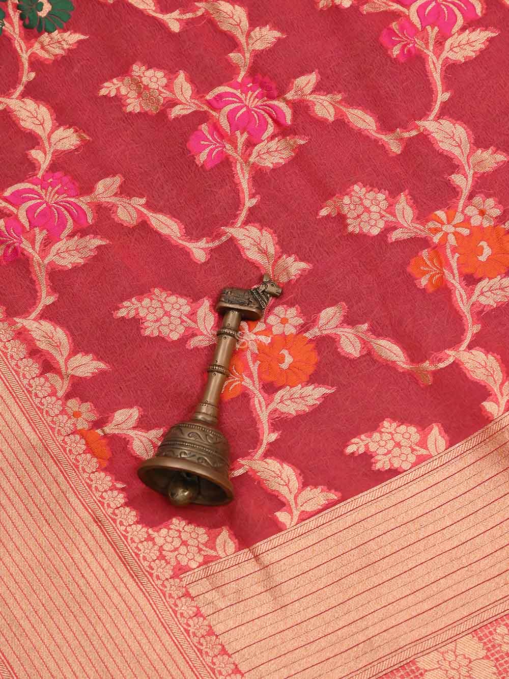 Coral Pink Meenakari Jaal Khaddi Georgette Handloom Banarasi Saree - Sacred Weaves